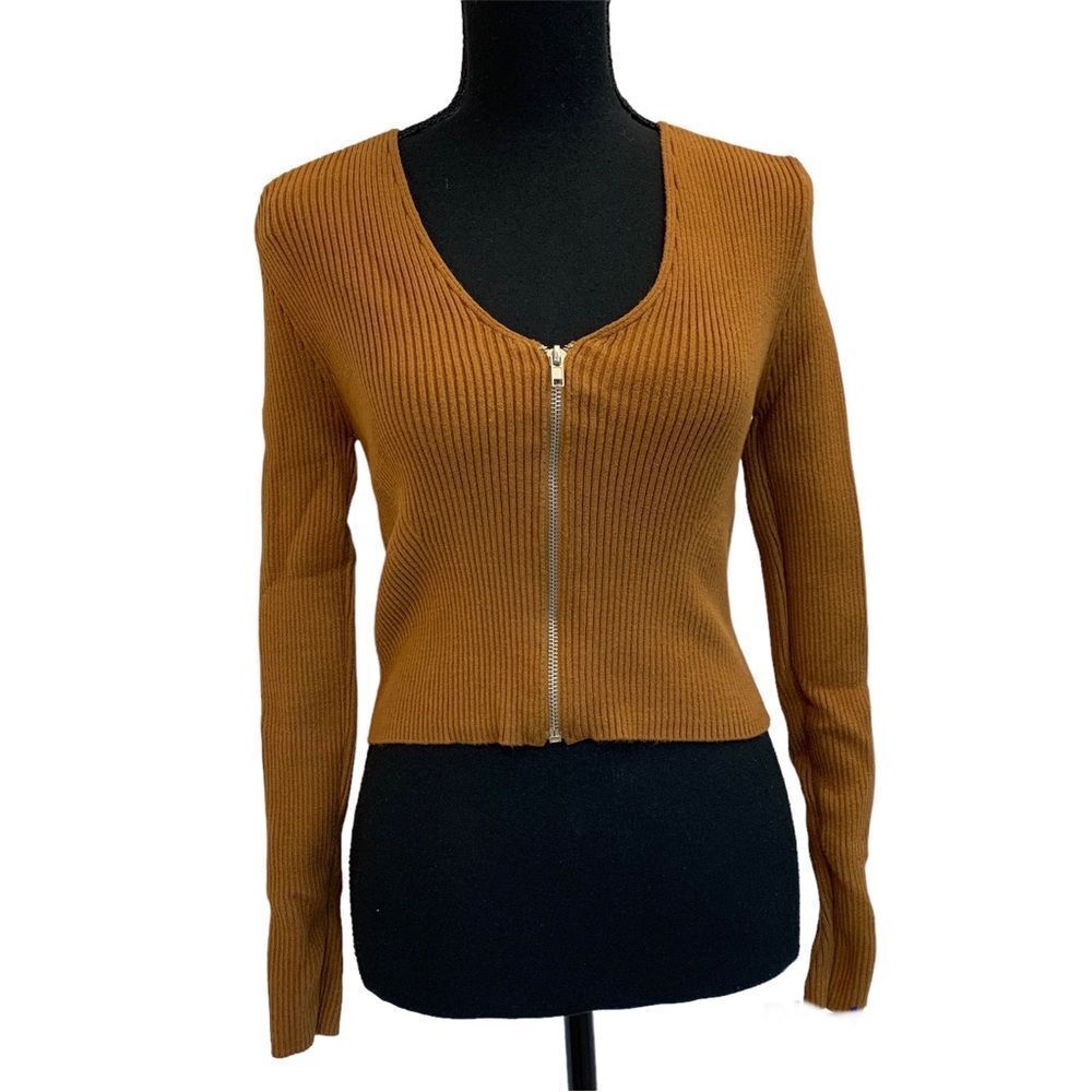 FOREVER 21 rust brown ribbed long sleeve Zipper top size medium